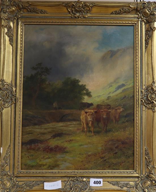 Robert Gallon (1845-1925) oil on canvas, Highland cattle in a valley, signed 44 x 34cm